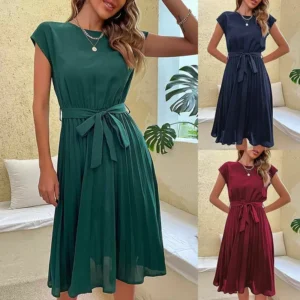 2XL pleated dress Short sleeved solid pleated women summer dress